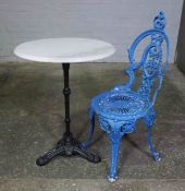 Painted Cast Iron Pub Table, Having a circular Marble top, Raised on a Triangular Platform Base,