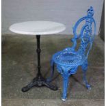 Painted Cast Iron Pub Table, Having a circular Marble top, Raised on a Triangular Platform Base,