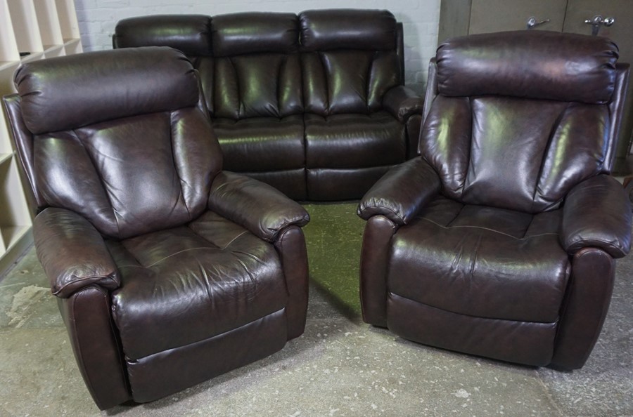 Brown Leather Three Piece Reclining Lounge Suite, Comprising of a three seater Recliner Sofa with