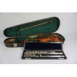 A J Michael, Three Piece Flute, 73cm long, In a Fitted case, Also with a Childs Violin with Bow,