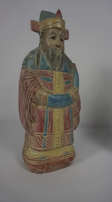 Pair of Oriental Painted Wood Figures, Modelled as two Male Immortal Figures, 34cm high, (2) - Image 3 of 5