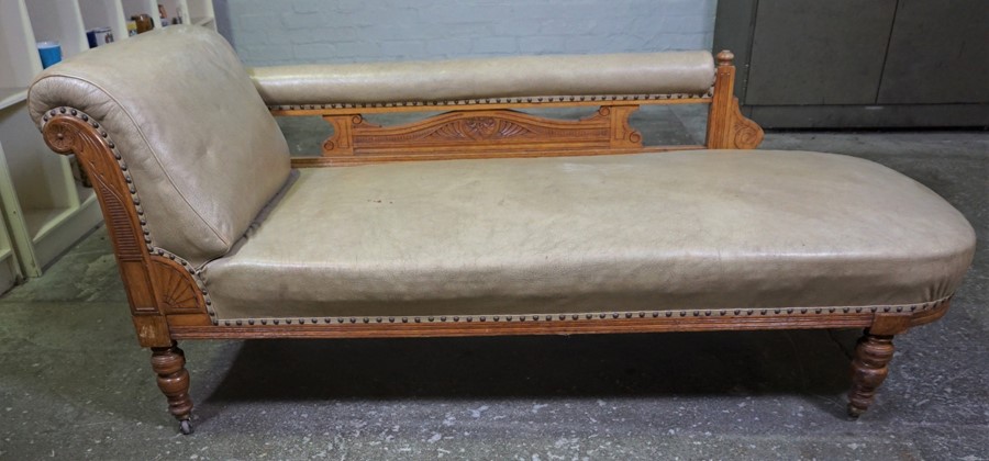 Oak Chaise Longue, circa early 20th century, Upholstered in later Rexine, Raised on Castors, 74cm - Image 2 of 5