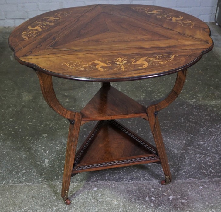 Rosewood Inlaid Window Table, circa late 19th century, The Triangular Shaped Table Having Folding