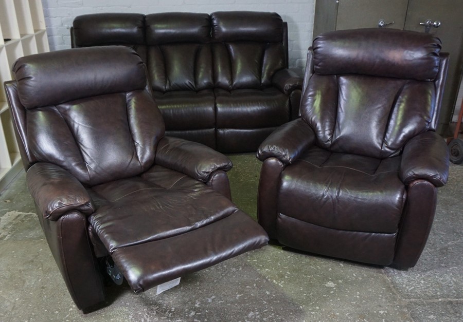 Brown Leather Three Piece Reclining Lounge Suite, Comprising of a three seater Recliner Sofa with - Image 2 of 3