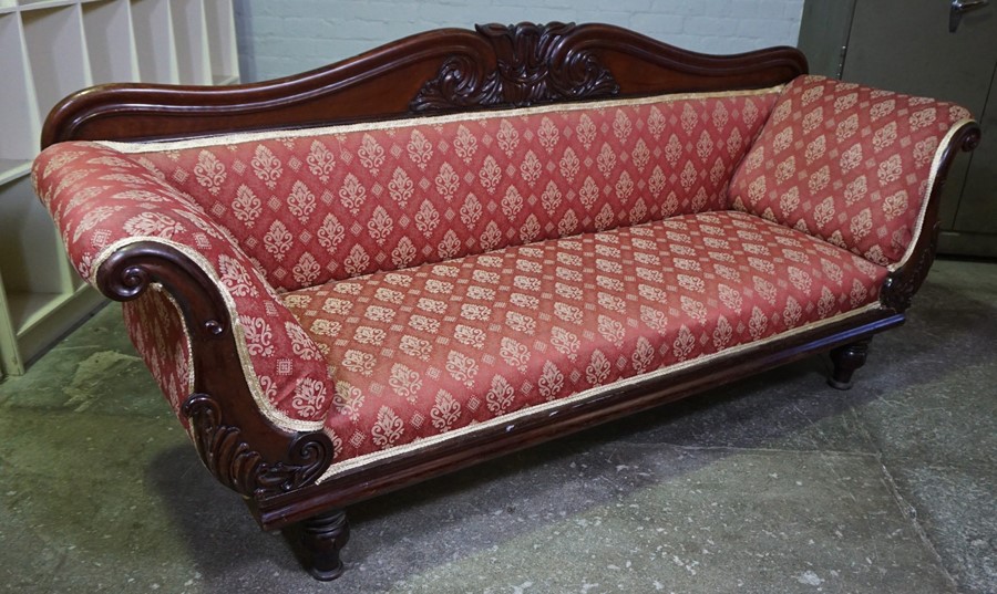 Victorian Mahogany Three Seater Sofa, Upholstered in later Red Fabric, 98cm high, 224cm wide, 64cm - Image 4 of 7