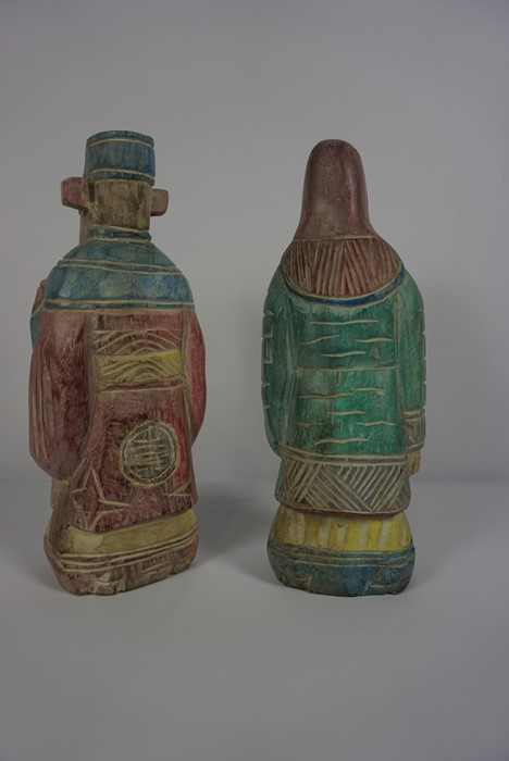 Pair of Oriental Painted Wood Figures, Modelled as two Male Immortal Figures, 34cm high, (2) - Image 4 of 5