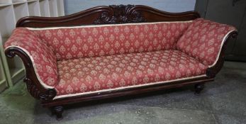 Victorian Mahogany Three Seater Sofa, Upholstered in later Red Fabric, 98cm high, 224cm wide, 64cm