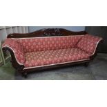 Victorian Mahogany Three Seater Sofa, Upholstered in later Red Fabric, 98cm high, 224cm wide, 64cm