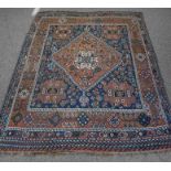 Persian Quashqai Rug, Decorated with Geometric Medallions on a Brown and Blue Ground, 210cm x 167cm