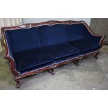 Victorian Style Three Seater Sofa, Upholstered in Blue Dralon, 85cm high, 215cm wide, 74cm deep