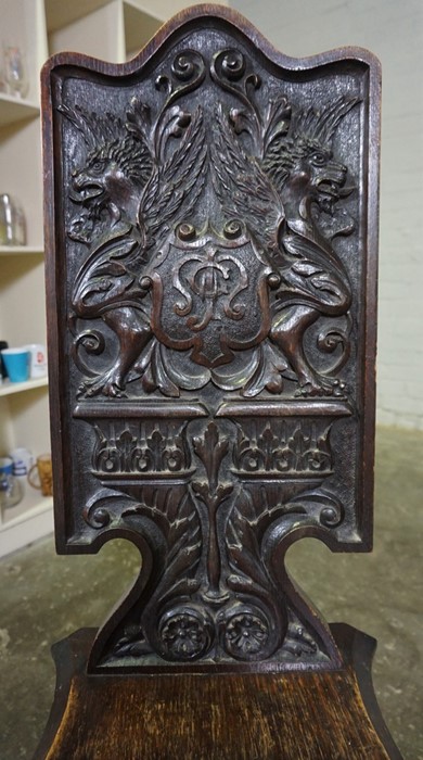 Carved Oak Hall Chair, circa 19th century, The Back Rest is carved with Griffins, Armorial Carved - Image 2 of 5