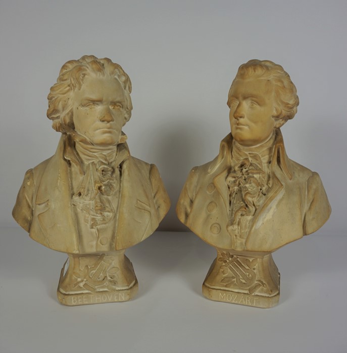 Plaster Bust of Beethoven and Mozart, 32cm high, (2)