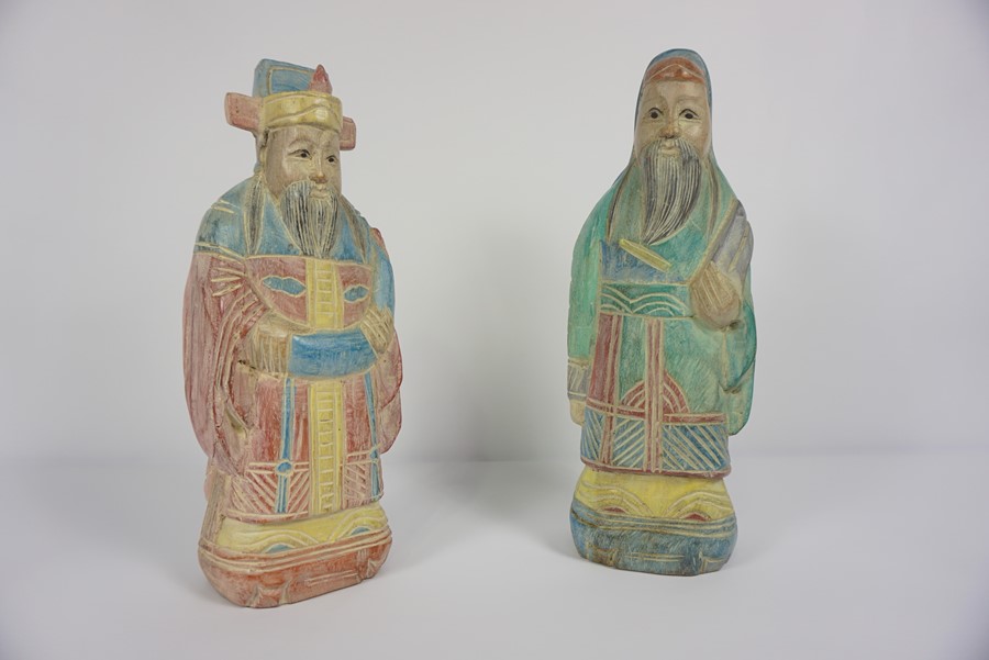 Pair of Oriental Painted Wood Figures, Modelled as two Male Immortal Figures, 34cm high, (2)