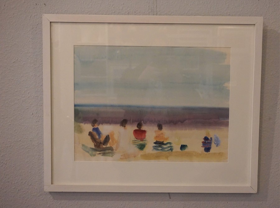 Robert Miller (1910-1933) "Sitting on the Beach" Watercolour, 33.5cm x 45cm, To verso label for - Image 2 of 3