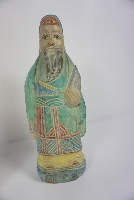 Pair of Oriental Painted Wood Figures, Modelled as two Male Immortal Figures, 34cm high, (2) - Image 2 of 5