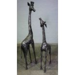 Two Contemporary Floor Standing Metal Figures of Giraffes, Modelled as a Mother and Child,