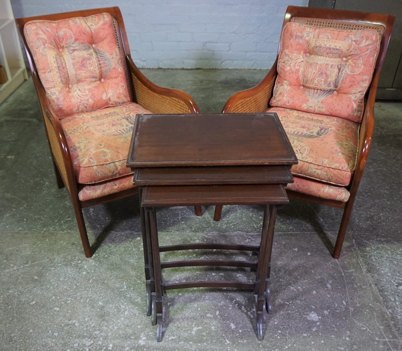 Pair of Bergere Armchairs, 87cm high, Also with a Mahogany Nest of Three Tables, (5)