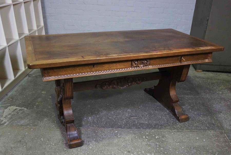 Dutch Oak Library Table, Having two Drawers, Decorated with Appliques, Modelled as a 16th century