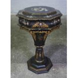 Victorian Papier Mache Octagonal Work Table, Decorated with Handpainted, Gilded and Mother of