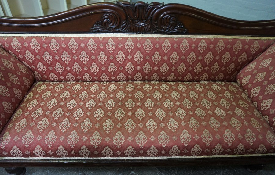 Victorian Mahogany Three Seater Sofa, Upholstered in later Red Fabric, 98cm high, 224cm wide, 64cm - Image 6 of 7