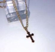9ct Gold and Garnet Ladies Cross Pendant, On a 9ct Gold Chain, Set with 9 Graduated Garnets, Stamped
