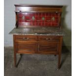 Edwardian Mahogany Inlaid Washstand, Having a Tiled Splashback and Marble surface, Above two small