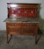 Edwardian Mahogany Inlaid Washstand, Having a Tiled Splashback and Marble surface, Above two small