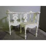 White Painted Love Seat, Decorated with Masks, 89cm high, 130cm wide