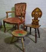 French Style Elbow Chair, 20th century, 88cm high, Also with a Pokerwork Spinning Chair, And a