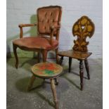 French Style Elbow Chair, 20th century, 88cm high, Also with a Pokerwork Spinning Chair, And a