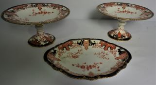 Pair of Royal Crown Derby Imari Fruit Serving Stands, 12cm high, 23cm wide, With a Matching Dish, (