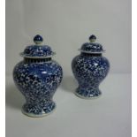 Pair of Chinese Kangxi Style Blue and White Pottery Vases with Covers, Decorated with allover