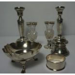 Mixed Lot of Silver, To include a pair of Loaded Candlesticks, Pair of Silver Mounted and Cut