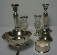 Mixed Lot of Silver, To include a pair of Loaded Candlesticks, Pair of Silver Mounted and Cut