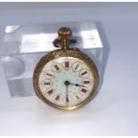 18ct Gold Ladies Fob Watch, circa early 20th century, Having an Enamel Dial with Roman Numerals,