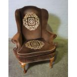 William & Mary Style Wing Armchair, Upholstered in Brown Velour, 111cm high