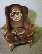 William & Mary Style Wing Armchair, Upholstered in Brown Velour, 111cm high
