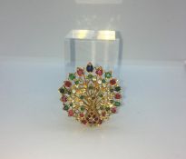 18ct Gold Ruby, Sapphire, Emerald and Diamond Indian Peacock Brooch, Set with approximately 40