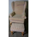 HSL Upholstered Wing Armchair, With Matching Footstool, Chair 110cm high, (2)
