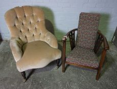 Victorian Style Nursing Chair, 20th century, Upholstered in a Beige Buttonback Velour, Raised on