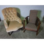 Victorian Style Nursing Chair, 20th century, Upholstered in a Beige Buttonback Velour, Raised on