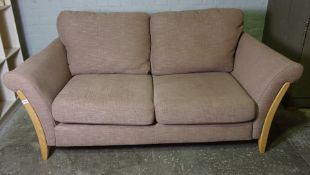 Ercol Beech Framed Upholstered Two Seater Sofa, Upholstered in a Fawn Fabric, 71cm high, 186cm wide