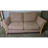 Ercol Beech Framed Upholstered Two Seater Sofa, Upholstered in a Fawn Fabric, 71cm high, 186cm wide