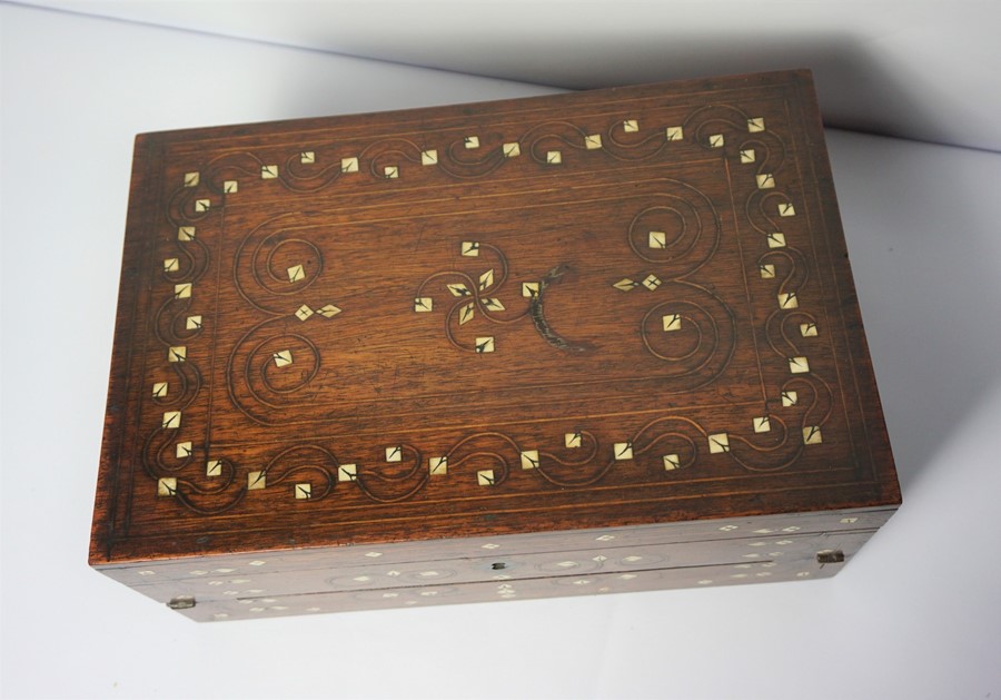 Indian Style Rosewood and Bone Inlaid Portable Writing Box, circa late 19th century, Enclosing a - Image 2 of 5