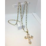 9ct Gold Opal and CZ Ladies Cross Pendant, On a 9ct Gold Chain, The Pendant set with 6 large