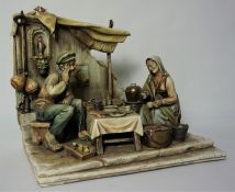 Large Signed Capodimonte Style Figure Group, Modelled as an Elderly Couple having Dinner at the