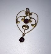 Art Nouveau Style 9ct Gold and Garnet Pendant, Set with a Garnet to the Centre and Drop, Stamped