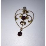Art Nouveau Style 9ct Gold and Garnet Pendant, Set with a Garnet to the Centre and Drop, Stamped
