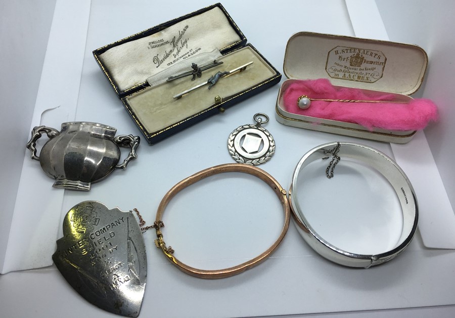 Mixed Lot of Jewellery, To include a Stick Pin, Two Brooches, Bangles, Silver Brooch by Steiff,
