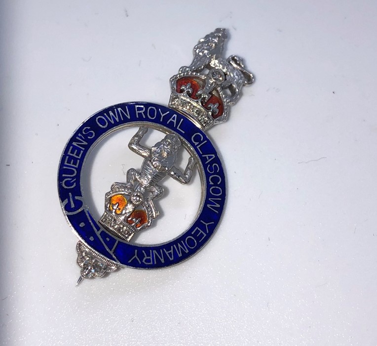 9ct White Gold Diamond and Enamel Military Brooch, For the Queens Own Royal Glasgow Yeomanry,